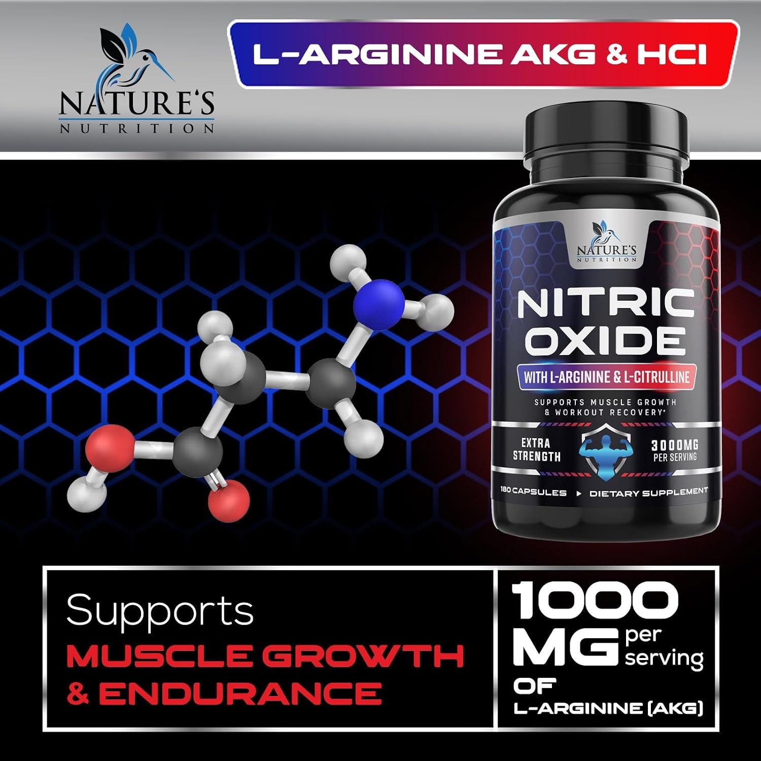 Nitric Oxide Booster Extra Strength - 3X Strength L-Arginine & Citrulline Supplement - Best Nitric Oxide Supplements for Men - Supports Muscle, Heart Health, Energy - Bottled in USA - 180 Capsules