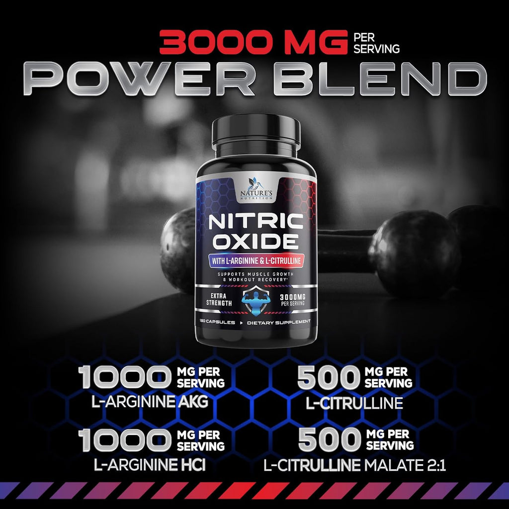 Nitric Oxide Booster Extra Strength - 3X Strength L-Arginine & Citrulline Supplement - Best Nitric Oxide Supplements for Men - Supports Muscle, Heart Health, Energy - Bottled in USA - 180 Capsules