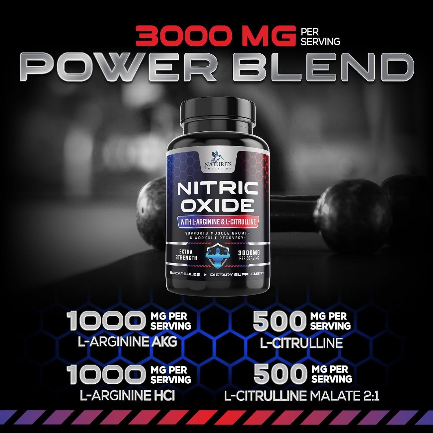 Nitric Oxide Booster Extra Strength - 3X Strength L-Arginine & Citrulline Supplement - Best Nitric Oxide Supplements for Men - Supports Muscle, Heart Health, Energy - Bottled in USA - 180 Capsules