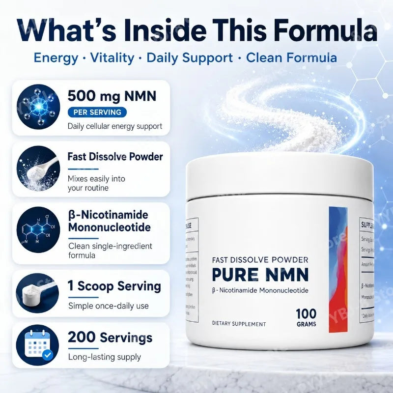 Pure NMN Powder Supplement with 500mg Nicotinamide Mononucleotide Helps with Cell Repair and Energy Metabolism 100g Per Box