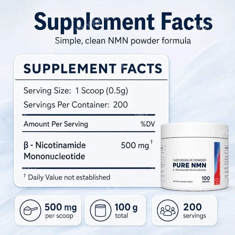 Pure NMN Powder Supplement with 500mg Nicotinamide Mononucleotide Helps with Cell Repair and Energy Metabolism 100g Per Box