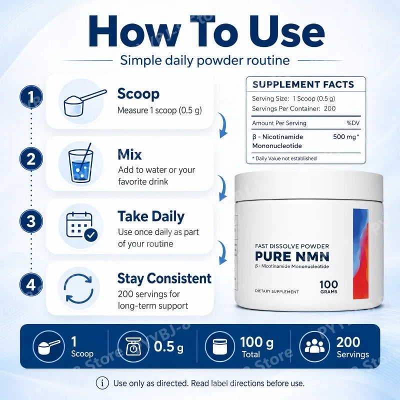 Pure NMN Powder Supplement with 500mg Nicotinamide Mononucleotide Helps with Cell Repair and Energy Metabolism 100g Per Box