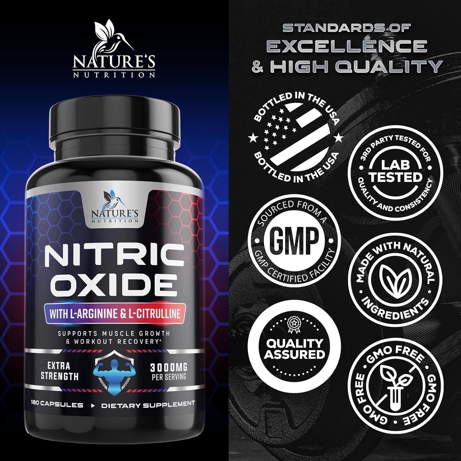 Nitric Oxide Booster Extra Strength - 3X Strength L-Arginine & Citrulline Supplement - Best Nitric Oxide Supplements for Men - Supports Muscle, Heart Health, Energy - Bottled in USA - 180 Capsules