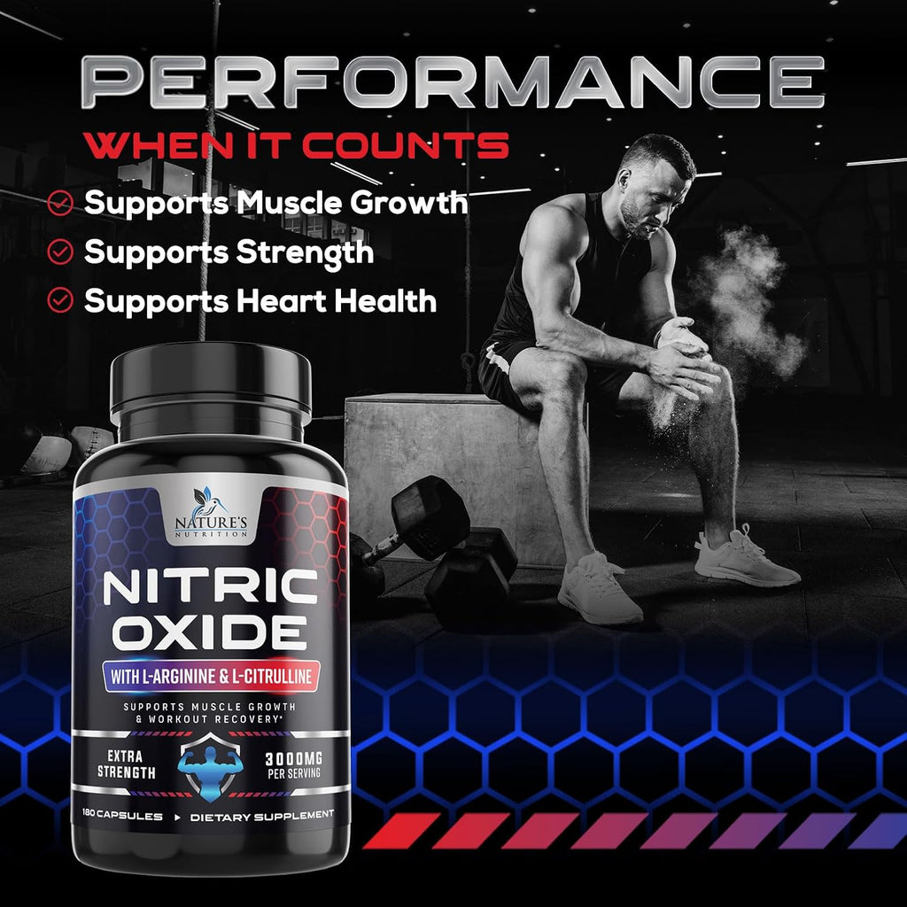 Nitric Oxide Booster Extra Strength - 3X Strength L-Arginine & Citrulline Supplement - Best Nitric Oxide Supplements for Men - Supports Muscle, Heart Health, Energy - Bottled in USA - 180 Capsules