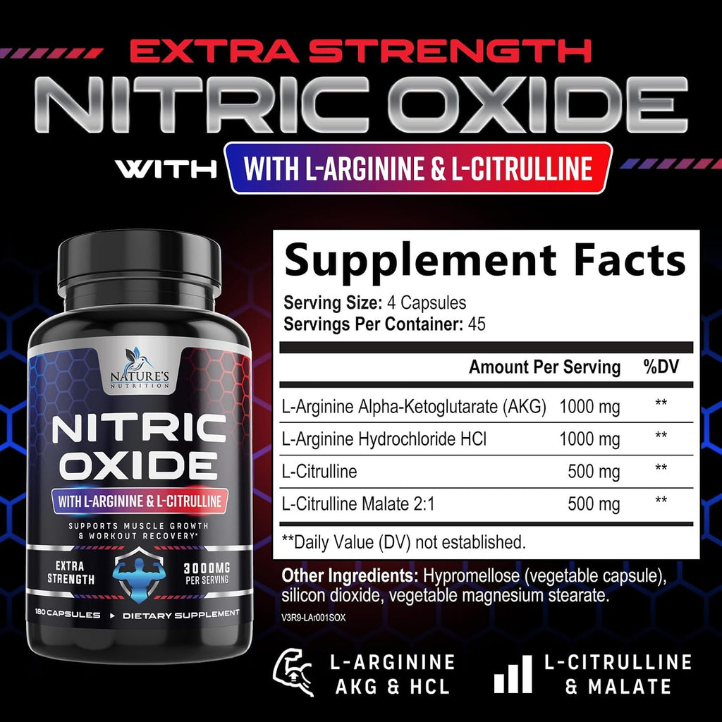 Nitric Oxide Booster Extra Strength - 3X Strength L-Arginine & Citrulline Supplement - Best Nitric Oxide Supplements for Men - Supports Muscle, Heart Health, Energy - Bottled in USA - 180 Capsules