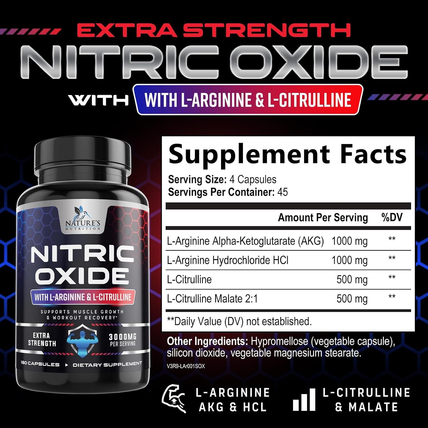 Nitric Oxide Booster Extra Strength - 3X Strength L-Arginine & Citrulline Supplement - Best Nitric Oxide Supplements for Men - Supports Muscle, Heart Health, Energy - Bottled in USA - 180 Capsules